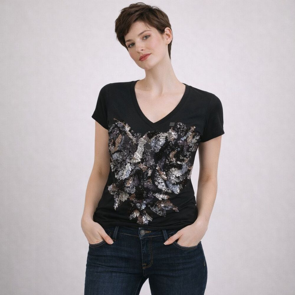 Y2K Express NWT Sequined Floral T shirt Women S Black Rockability Punk Goth